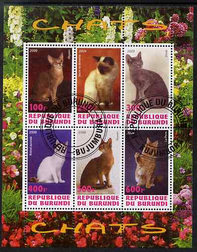 Burundi 2009 Domestic Cats #2 perf sheetlet containing 6 values fine cto used, stamps on cats