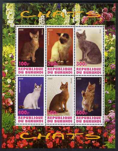 Burundi 2009 Domestic Cats #2 perf sheetlet containing 6 values unmounted mint, stamps on cats