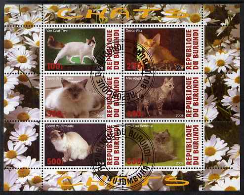 Burundi 2009 Domestic Cats #3 perf sheetlet containing 6 values fine cto used, stamps on cats