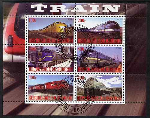 Burundi 2009 Diesel Locos perf sheetlet containing 6 values fine cto used, stamps on railways