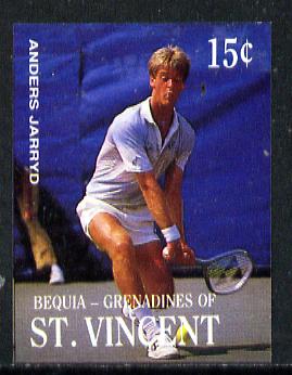 St Vincent - Bequia 1988 International Tennis Players 15c (Anders Jarryd) imperf progressive proof in 4 colours only (orange omitted leaving Country, name and value in white) unmounted mint*, stamps on sport   personalities    tennis