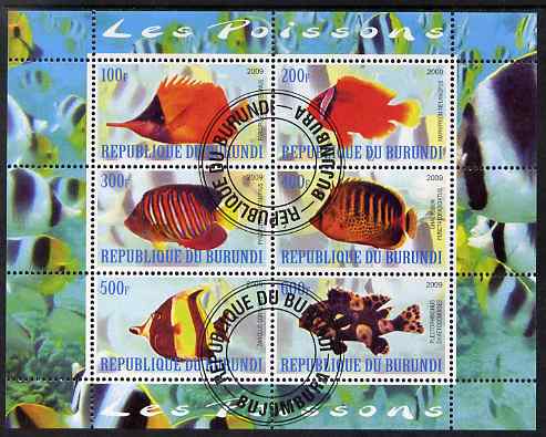 Burundi 2009 Tropical Fish #2 perf sheetlet containing 6 values fine cto used, stamps on fish