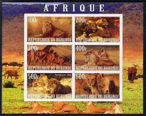 Burundi 2009 African Animals #1 imperf sheetlet containing 6 values unmounted mint, stamps on animals, stamps on lions