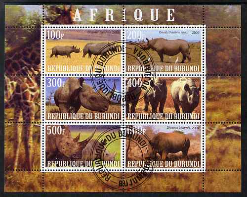 Burundi 2009 African Animals #2 perf sheetlet containing 6 values fine cto used, stamps on animals, stamps on rhinos