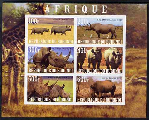 Burundi 2009 African Animals #2 imperf sheetlet containing 6 values unmounted mint, stamps on animals, stamps on rhinos