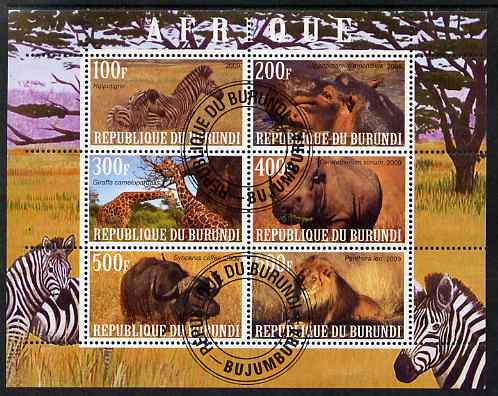 Burundi 2009 African Animals #3 perf sheetlet containing 6 values fine cto used, stamps on animals, stamps on rhinos, stamps on lions, stamps on giraffes, stamps on zebra, stamps on bison, stamps on 
