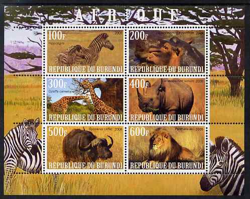 Burundi 2009 African Animals #3 perf sheetlet containing 6 values unmounted mint, stamps on animals, stamps on rhinos, stamps on lions, stamps on giraffes, stamps on zebra, stamps on bison, stamps on 