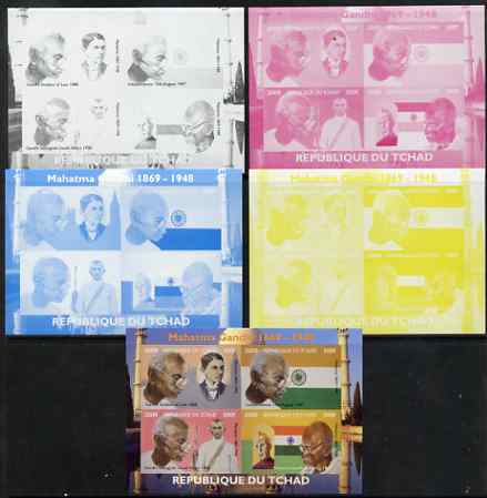 Chad 2009 Mahatma Gandhi sheetlet containing 4 values - the set of 5 imperf progressive proofs comprising the 4 individual colours plus all 4-colour composite, unmounted ..., stamps on personalities, stamps on gandhi, stamps on constitutions