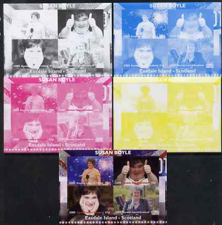 Easdale 2009 Susan Boyle sheetlet containing 4 values - the set of 5 imperf progressive proofs comprising the 4 individual colours plus all 4-colour composite, unmounted ..., stamps on personalities, stamps on music, stamps on women, stamps on fireworks
