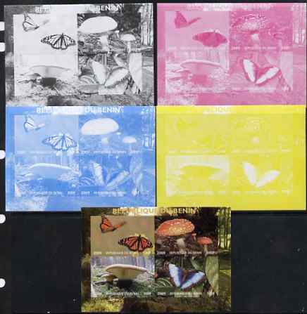 Benin 2009 Mushrooms and Butterflies #2 sheetlet containing 4 values - the set of 5 imperf progressive proofs comprising the 4 individual colours plus all 4-colour composite, unmounted mint , stamps on fungi, stamps on butterflies