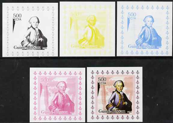 Guinea - Bissau 2006 Mozart #1 individual deluxe sheet - the set of 5 imperf progressive proofs comprising the 4 individual colours plus all 4-colour composite, unmounted..., stamps on personalities, stamps on mozart, stamps on music, stamps on composers, stamps on masonics, stamps on masonry