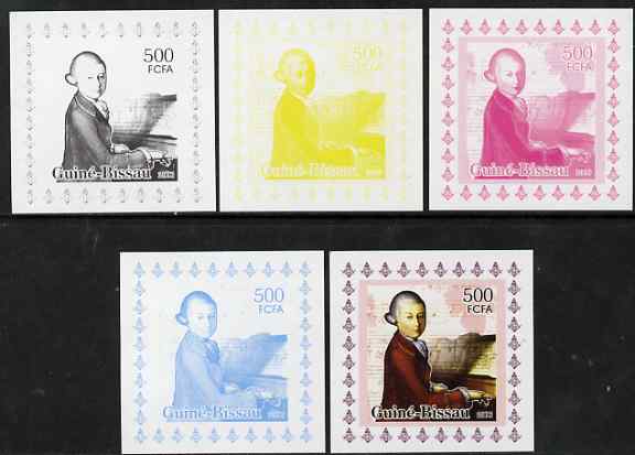 Guinea - Bissau 2006 Mozart #2 individual deluxe sheet - the set of 5 imperf progressive proofs comprising the 4 individual colours plus all 4-colour composite, unmounted..., stamps on personalities, stamps on mozart, stamps on music, stamps on composers, stamps on masonics, stamps on masonry