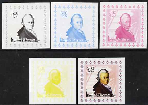Guinea - Bissau 2006 Mozart #3 individual deluxe sheet - the set of 5 imperf progressive proofs comprising the 4 individual colours plus all 4-colour composite, unmounted mint , stamps on personalities, stamps on mozart, stamps on music, stamps on composers, stamps on masonics, stamps on masonry