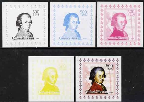 Guinea - Bissau 2006 Mozart #4 individual deluxe sheet - the set of 5 imperf progressive proofs comprising the 4 individual colours plus all 4-colour composite, unmounted..., stamps on personalities, stamps on mozart, stamps on music, stamps on composers, stamps on masonics, stamps on masonry
