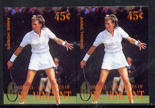 St Vincent - Bequia 1988 International Tennis Players 45c (Anne Hobbs) imperf horiz pair unmounted mint*, stamps on sport, stamps on personalities, stamps on tennis