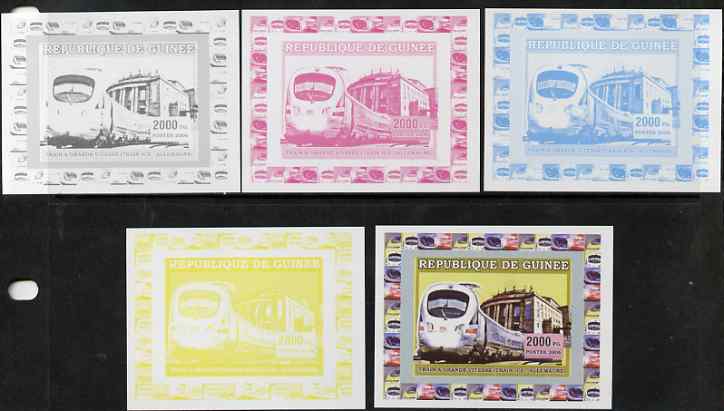 Guinea - Conakry 2006 High Speed Trains #1 - German Ice Train individual deluxe sheet - the set of 5 imperf progressive proofs comprising the 4 individual colours plus al..., stamps on railways