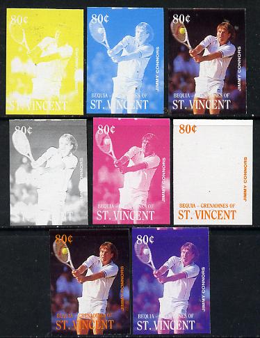 St Vincent - Bequia 1988 International Tennis Players 80c (Jimmy Connors) set of 8 imperf progressive proofs comprising the 5 individual colours plus 2, 4 and all 5 colour composites unmounted mint*, stamps on sport   personalities    tennis