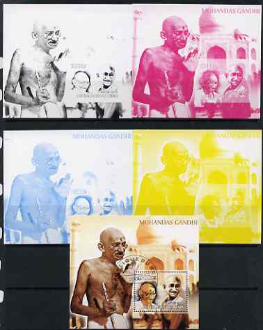 Benin 2006 Mahatma Gandhi #2 s/sheet - the set of 5 imperf progressive proofs comprising the 4 individual colours unmounted mint plus all 4-colour perf composite cto used..., stamps on personalities, stamps on gandhi, stamps on peace