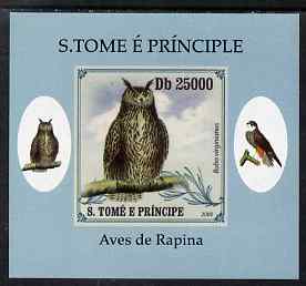 St Thomas & Prince Islands 2009 Raptors - Great Horned Owl individual imperf deluxe sheet unmounted mint. Note this item is privately produced and is offered purely on its thematic appeal, stamps on , stamps on  stamps on birds, stamps on  stamps on birds of prey, stamps on  stamps on owls