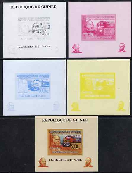 Guinea - Conakry 2008 Atchison, Topeka & Santa Fe Railway - John Shedd Reed & Santa Fe 300C individual deluxe sheet - the set of 5 imperf progressive proofs comprising th..., stamps on personalities, stamps on railways