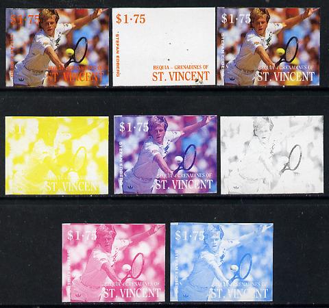 St Vincent - Bequia 1988 International Tennis Players $1.75 (Stefan Edberg) set of 8 imperf progressive proofs comprising the 5 individual colours plus 2, 4 and all 5 colour composites unmounted mint*, stamps on sport   personalities    tennis