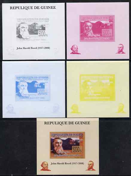 Guinea - Conakry 2008 Atchison, Topeka & Santa Fe Railway - John Shedd Reed & Southern Pacific 8361 individual deluxe sheet - the set of 5 imperf progressive proofs comprising the 4 individual colours plus all 4-colour composite, unmounted mint , stamps on personalities, stamps on railways