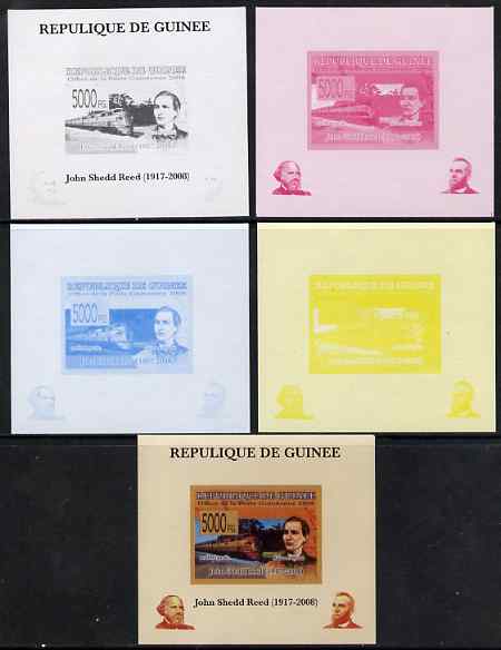 Guinea - Conakry 2008 Atchison, Topeka & Santa Fe Railway - John Shedd Reed & Southern Pacific Train individual deluxe sheet - the set of 5 imperf progressive proofs comp..., stamps on personalities, stamps on railways