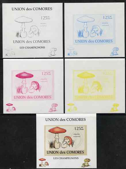 Comoro Islands 2009 Fungi #1 - 125 FC individual deluxe sheet - the set of 5 imperf progressive proofs comprising the 4 individual colours plus all 4-colour composite, unmounted mint , stamps on fungi
