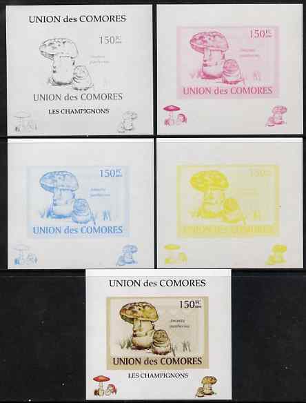 Comoro Islands 2009 Fungi #2 - 150 FC individual deluxe sheet - the set of 5 imperf progressive proofs comprising the 4 individual colours plus all 4-colour composite, unmounted mint , stamps on fungi