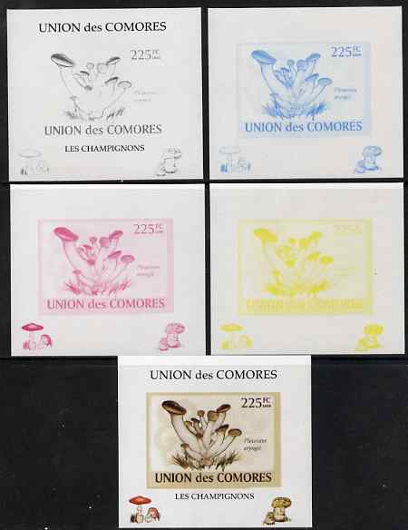 Comoro Islands 2009 Fungi #3 - 225 FC individual deluxe sheet - the set of 5 imperf progressive proofs comprising the 4 individual colours plus all 4-colour composite, unmounted mint , stamps on fungi
