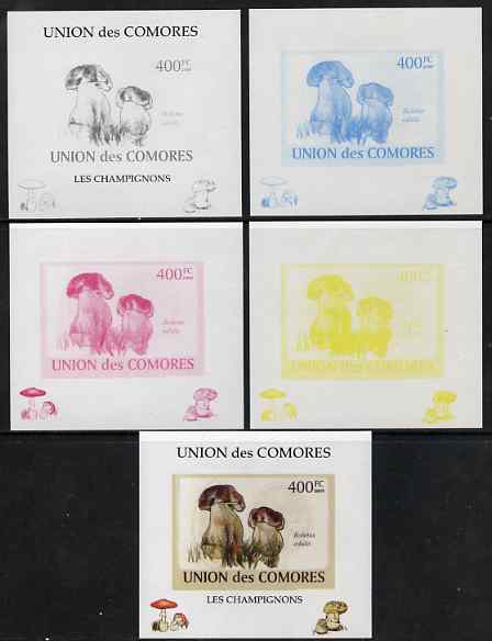 Comoro Islands 2009 Fungi #5 - 400 FC individual deluxe sheet - the set of 5 imperf progressive proofs comprising the 4 individual colours plus all 4-colour composite, unmounted mint , stamps on fungi