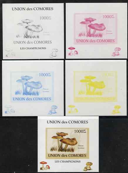 Comoro Islands 2009 Fungi #6 - 1000 FC individual deluxe sheet - the set of 5 imperf progressive proofs comprising the 4 individual colours plus all 4-colour composite, unmounted mint , stamps on fungi