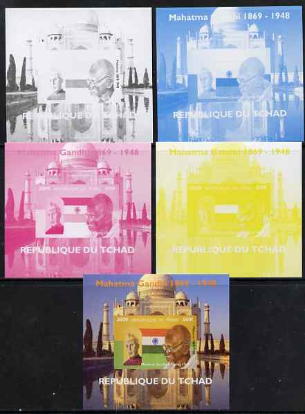 Chad 2009 Mahatma Gandhi #4 individual deluxe sheet - the set of 5 imperf progressive proofs comprising the 4 individual colours plus all 4-colour composite, unmounted mi..., stamps on personalities, stamps on gandhi, stamps on constitutions, stamps on flags
