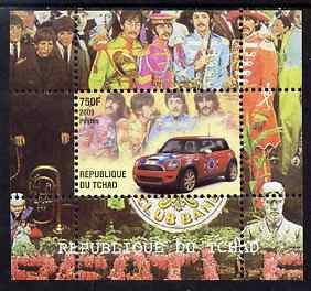 Chad 2009 50th Anniversary of the Mini featuring The Beatles #1 individual perf deluxe sheet unmounted mint. Note this item is privately produced and is offered purely on its thematic appeal, stamps on cars, stamps on mini, stamps on beatles, stamps on pops, stamps on rock, stamps on music