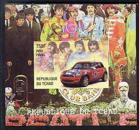 Chad 2009 50th Anniversary of the Mini featuring The Beatles #1 individual imperf deluxe sheet unmounted mint. Note this item is privately produced and is offered purely on its thematic appeal, stamps on cars, stamps on mini, stamps on beatles, stamps on pops, stamps on rock, stamps on music