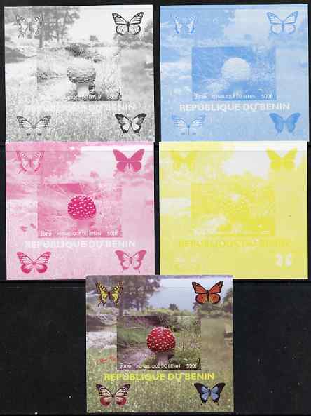 Benin 2009 Mushrooms and Butterflies #2 individual deluxe sheet - the set of 5 imperf progressive proofs comprising the 4 individual colours plus all 4-colour composite, ..., stamps on butterflies, stamps on fungi