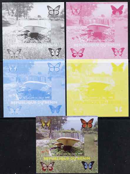 Benin 2009 Mushrooms and Butterflies #3 individual deluxe sheet - the set of 5 imperf progressive proofs comprising the 4 individual colours plus all 4-colour composite, unmounted mint , stamps on butterflies, stamps on fungi