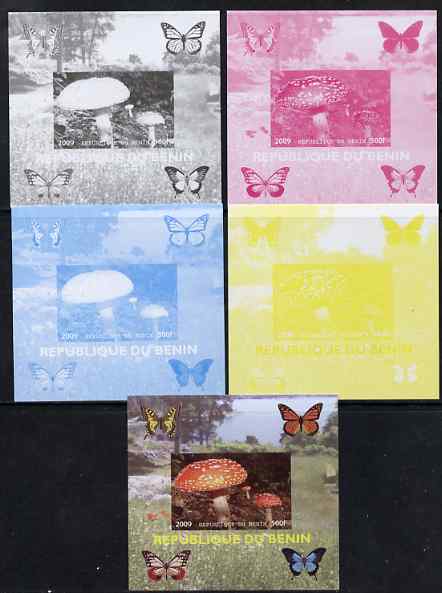 Benin 2009 Mushrooms and Butterflies #4 individual deluxe sheet - the set of 5 imperf progressive proofs comprising the 4 individual colours plus all 4-colour composite, ..., stamps on butterflies, stamps on fungi