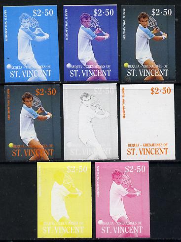 St Vincent - Bequia 1988 International Tennis Players $2.50 (Mats Wilander) set of 8 imperf progressive proofs comprising the 5 individual colours plus 2, 4 and all 5 col..., stamps on sport   personalities    tennis