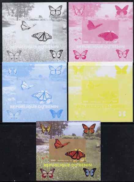 Benin 2009 Butterflies #4 individual deluxe sheet - the set of 5 imperf progressive proofs comprising the 4 individual colours plus all 4-colour composite, unmounted mint , stamps on butterflies, stamps on 