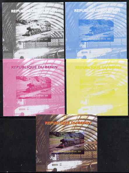 Benin 2009 Steam Locomotives #1 individual deluxe sheet - the set of 5 imperf progressive proofs comprising the 4 individual colours plus all 4-colour composite, unmounte..., stamps on railways