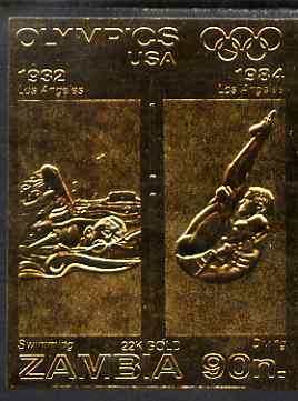 Zambia 1984 Los Angeles Olympic Games 90n imperf embossed in 22k gold foil showing Swimming & Diving unmounted mint, stamps on olympics, stamps on swimming, stamps on diving