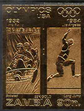 Zambia 1984 Los Angeles Olympic Games 90n imperf embossed in 22k gold foil showing Bobsled & Long Jump unmounted mint, stamps on olympics, stamps on bobsled, stamps on long jump
