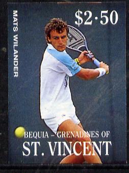 St Vincent - Bequia 1988 International Tennis Players $2.50 (Mats Wilander) imperf progressive proof in 4 colours only (orange omitted leaving Country, name and value in white) unmounted mint*, stamps on sport   personalities    tennis