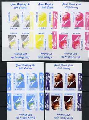 Angola 1999 Great People of the 20th Century - Martin Luther King sheetlet containing 4 values (2 tete-beche pairs) with JFK in margin - the set of 5 imperf progressive proofs comprising various 2-colour combinations plus all 4-colour composite, unmounted mint , stamps on , stamps on  stamps on personalities, stamps on  stamps on constitutions, stamps on  stamps on kennedy, stamps on  stamps on millennium, stamps on  stamps on human rights
