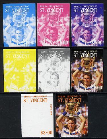 St Vincent - Bequia 1988 International Tennis Players $3 (Pat Cash) set of 8 imperf progressive proofs comprising the 5 individual colours plus 2, 4 and all 5 colour composites unmounted mint*, stamps on sport   personalities    tennis