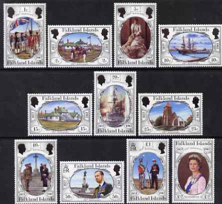 Falkland Islands 1983 150th Anniversary of British Administration definitive perf set of 11 unmounted mint, SG 439-49, stamps on militaria, stamps on flags, stamps on sheep, stamps on ovine, stamps on ships, stamps on battles, stamps on  ww1 , stamps on  ww2 , stamps on 
