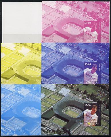 St Vincent - Bequia 1988 International Tennis Players $5 m/sheet (Ivan Lendl) set of 6 imperf progressive proofs comprising 3 individual colours plus various colour compo..., stamps on sport   personalities    tennis