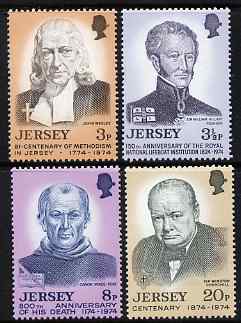 Jersey 1974 Anniversaries set of 4 unmounted mint, SG 111-114, stamps on personalities, stamps on churchill, stamps on wesley
