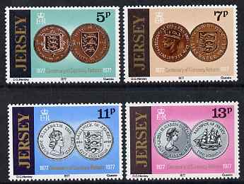 Jersey 1977 Centenary of Currency Reform set of 4 unmounted mint, SG 171-74, stamps on coins